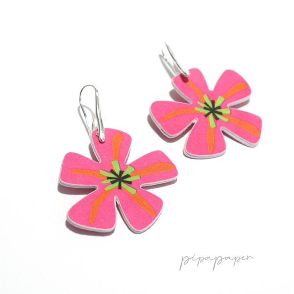 pendientes flor fucsia papel reciclado